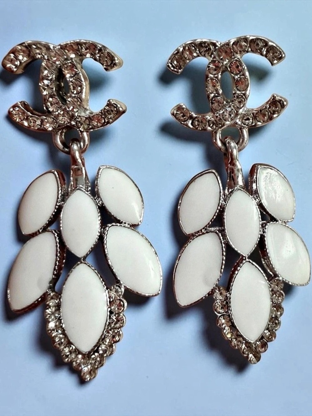 White Enamel Embellish Drop Silver Toned Earrings | New